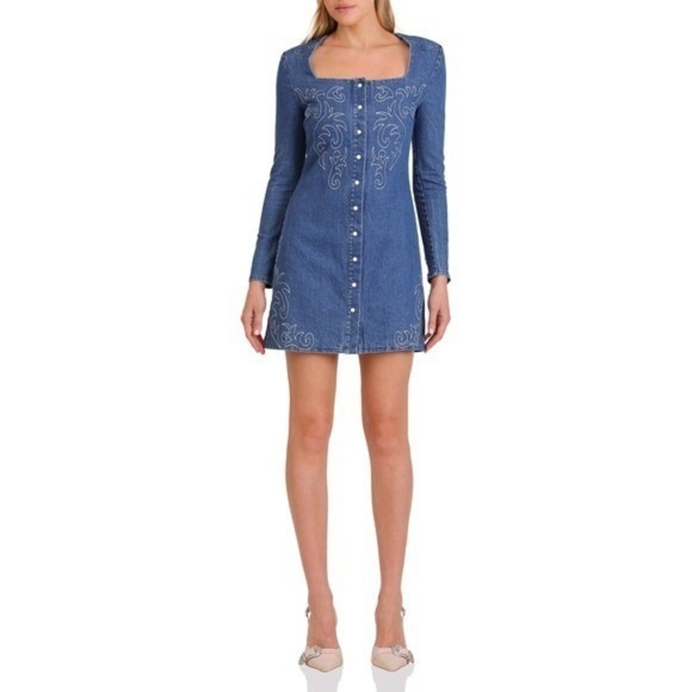 Western Embroidery Avec LesFilles Long Sleeve Denim Minidress PROVENCE WSH 6 NWT - Picture 2 of 14